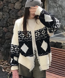Vネックアーガイルフリンジニットカーディガン