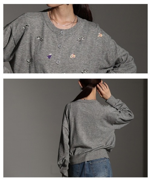 Sawa a la mode(サワアラモード)の「花柄×果物刺繍ニットカーディガン(カーディガン/ボレロ・レディース・ブラック/グレー/ブラウン・FREE)」の7枚目の写真