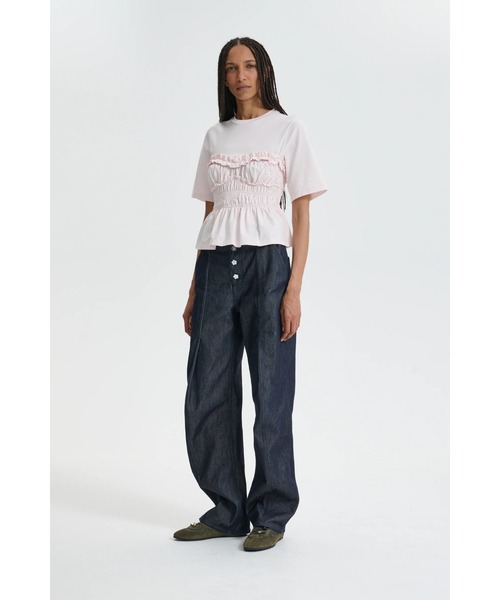 SHORT SLEEVE SMOCK T-SHIRT WITH RUFFLE DETAILS（Tシャツ/カットソー