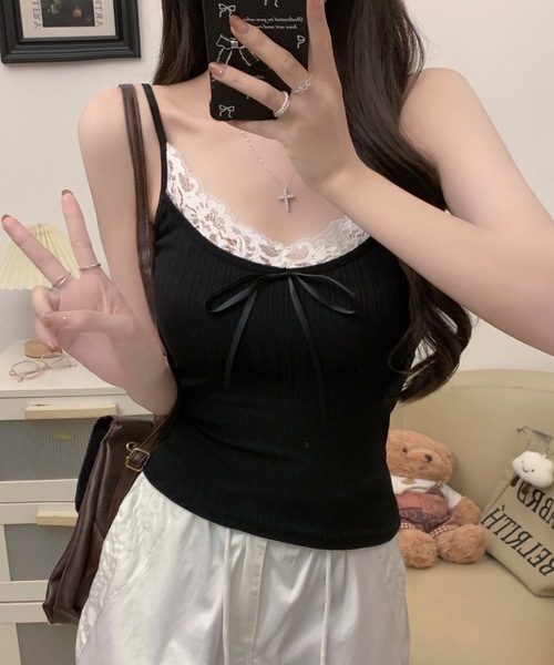 Lace Ladies(レースレディース)の「配レース リボン付き カップ付き リブ キャミソール(キャミソール・レディース・ブルー/ブラック/ホワイト・FREE)」の6枚目の写真