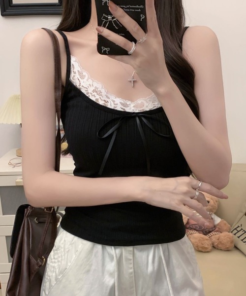 Lace Ladies(レースレディース)の「配レース リボン付き カップ付き リブ キャミソール(キャミソール・レディース・ブルー/ブラック/ホワイト・FREE)」の7枚目の写真