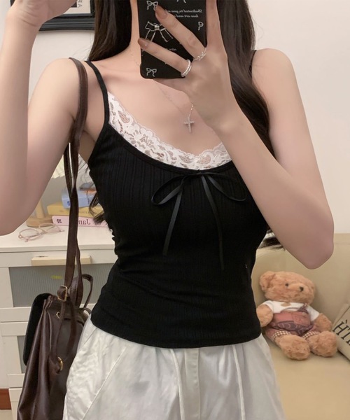 Lace Ladies(レースレディース)の「配レース リボン付き カップ付き リブ キャミソール(キャミソール・レディース・ブルー/ブラック/ホワイト・FREE)」の8枚目の写真
