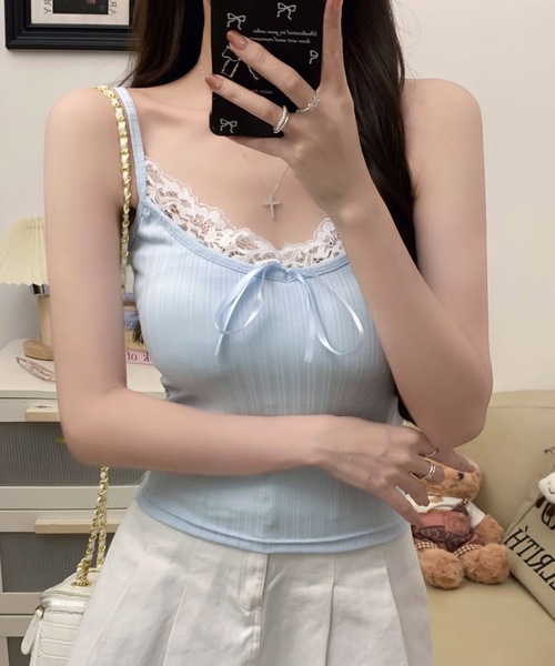 Lace Ladies(レースレディース)の「配レース リボン付き カップ付き リブ キャミソール(キャミソール・レディース・ブルー/ブラック/ホワイト・FREE)」の10枚目の写真