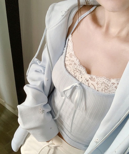 Lace Ladies(レースレディース)の「配レース リボン付き カップ付き リブ キャミソール(キャミソール・レディース・ブルー/ブラック/ホワイト・FREE)」の12枚目の写真