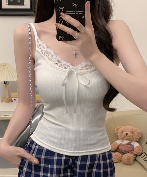 Lace Ladies(レースレディース)の「配レース リボン付き カップ付き リブ キャミソール(キャミソール・レディース・ブルー/ブラック/ホワイト・FREE)」の13枚目の写真