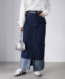 Riberry | 裾切替ロールアップ風デニムロングスカート(デニムスカート)