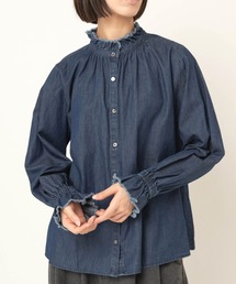 B2943 デニムフリルカラーシャツブラウス