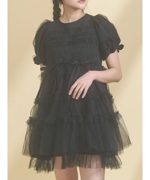 チュールパフスリーブミニワンピース（ワンピース）｜merry jenny