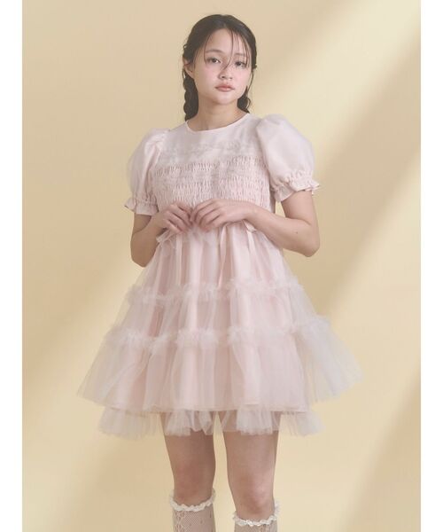 チュールパフスリーブミニワンピース（ワンピース）｜merry jenny