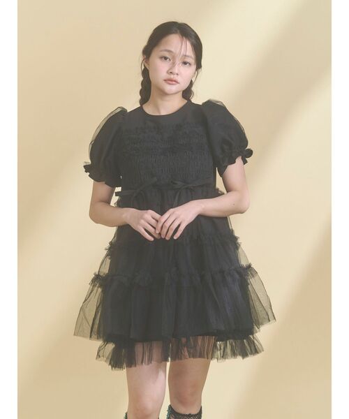 セール】チュールパフスリーブミニワンピース（ワンピース）｜merry