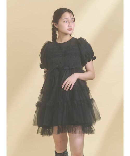 セール】チュールパフスリーブミニワンピース（ワンピース）｜merry
