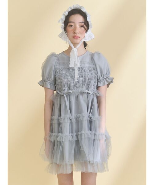 セール】チュールパフスリーブミニワンピース（ワンピース）｜merry