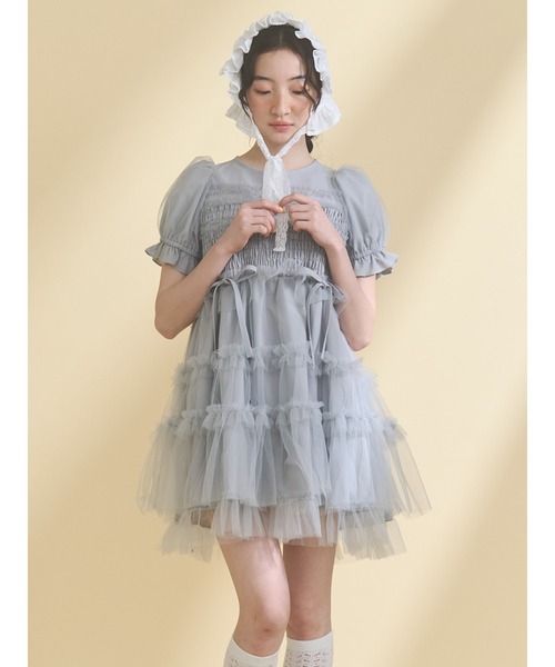 merry jenny(メリージェニー)の「チュールパフスリーブミニワンピース(ワンピース・レディース・ブラック/ブルー/ピンク・FREE)」の2枚目の写真