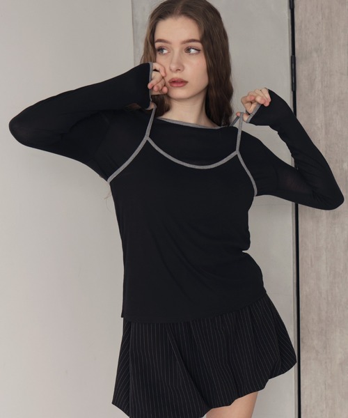 Mili affinity（ミリアフィニティー）の「バイカラーロンTキャミセット（Tシャツ/カットソー・レディース・ブラック/杢グレー・FREE）」の3枚目の写真