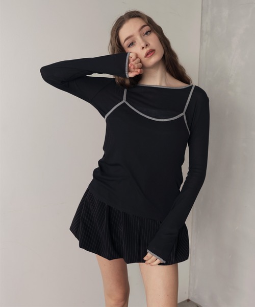Mili affinity（ミリアフィニティー）の「バイカラーロンTキャミセット（Tシャツ/カットソー・レディース・ブラック/杢グレー・FREE）」の4枚目の写真