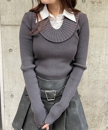 レイヤード風シャツ衿ニットトップス