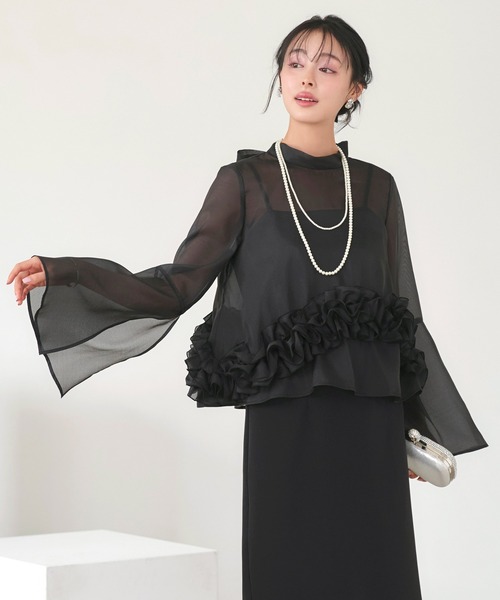 RUIRUE BOUTIQUE(ルイルエブティック)の「オケージョン 結婚式ドレス | シアーオーガンジー トップス & ストレッチ キャミドレス | ワンピース・パーティードレス・オケージョンドレス・お呼ばれドレス・セレモニードレス(ドレス・レディース・ブルー/ブラック/ネイビー・L/M/S)」の1枚目の写真