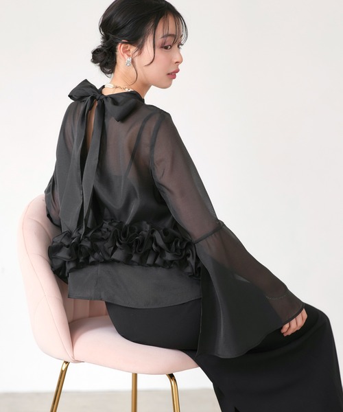 RUIRUE BOUTIQUE(ルイルエブティック)の「オケージョン 結婚式ドレス | シアーオーガンジー トップス & ストレッチ キャミドレス | ワンピース・パーティードレス・オケージョンドレス・お呼ばれドレス・セレモニードレス(ドレス・レディース・ブルー/ブラック/ネイビー・L/M/S)」の7枚目の写真