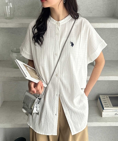 U.S. POLO ASSN.(ユーエスポロアッスン)の「GeeRA別注【U.S. POLO ASSN.】ポコポコ素材フレンチスリーブワンポイント刺繍シャツ(シャツ/ブラウス・レディース・ブラック/オフホワイト/ネイビー・MEDIUM/LARGE/X-LARGE)」の5枚目の写真