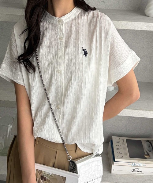 U.S. POLO ASSN.(ユーエスポロアッスン)の「GeeRA別注【U.S. POLO ASSN.】ポコポコ素材フレンチスリーブワンポイント刺繍シャツ(シャツ/ブラウス・レディース・ブラック/オフホワイト/ネイビー・MEDIUM/LARGE/X-LARGE)」の4枚目の写真