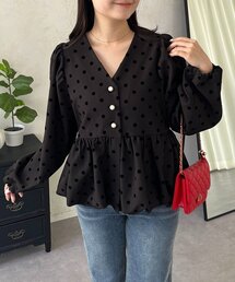prose verse | ドットパフスリーブVネックバルーンペプラムブラウス(シャツ/ブラウス)
