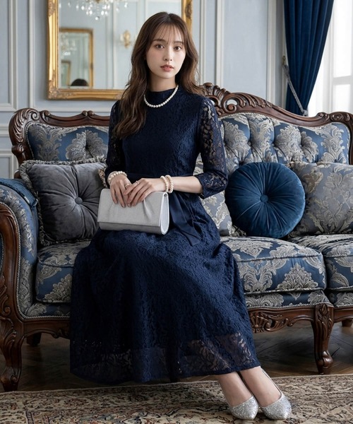 Cinderella(シンデレラ)の「ドレス 結婚式 ロングドレス パーティードレス ロングワンピース ワンピース 袖あり 袖付き ワンピース ロング丈 式 お呼ばれ パーティー レディース 大きいサイズ ブルー カーキ ワンピース 20代 30代(ドレス・レディース・ブラック/ダークグレー/ネイビー・LARGE/X-LARGE/MEDIUM)」の3枚目の写真
