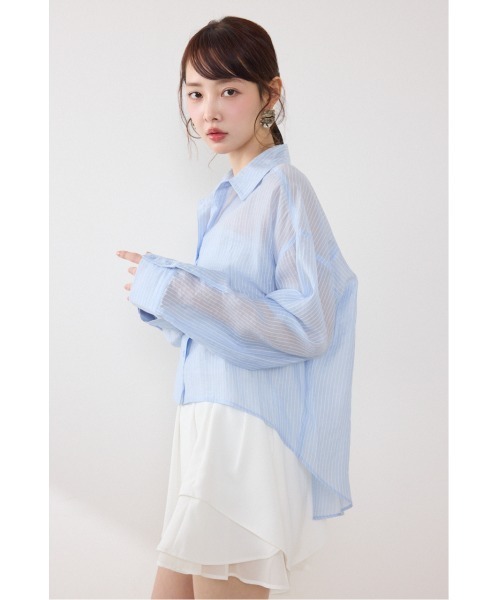rienda（リエンダ）の「アシンメトリーストライプシャツ春服 夏服（シャツ/ブラウス・レディース・ブルー/ホワイト/ピンク・FREE）」の21枚目の写真
