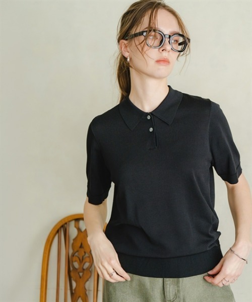Maison INNESS（メゾンアイネス）の「【アイスクリーンプレミアム】5分袖ポロ衿ニット（持続冷感・毛玉なりにくい ・UVカット・洗濯機で洗える・遮熱）（ニット/セーター・レディース・ブラック/キャメル/杢グレー・L/S/3L/M/4L/5L/LL）」の2枚目の写真