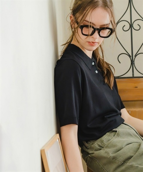 Maison INNESS（メゾンアイネス）の「【アイスクリーンプレミアム】5分袖ポロ衿ニット（持続冷感・毛玉なりにくい ・UVカット・洗濯機で洗える・遮熱）（ニット/セーター・レディース・ブラック/キャメル/杢グレー・L/S/3L/M/4L/5L/LL）」の4枚目の写真