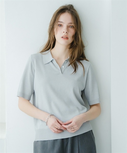 Maison INNESS（メゾンアイネス）の「【アイスクリーンプレミアム】5分袖ポロ衿ニット（持続冷感・毛玉なりにくい ・UVカット・洗濯機で洗える・遮熱）（ニット/セーター・レディース・ブラック/キャメル/杢グレー・L/S/3L/M/4L/5L/LL）」の10枚目の写真