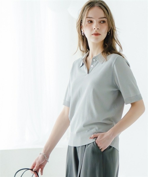 Maison INNESS（メゾンアイネス）の「【アイスクリーンプレミアム】5分袖ポロ衿ニット（持続冷感・毛玉なりにくい ・UVカット・洗濯機で洗える・遮熱）（ニット/セーター・レディース・ブラック/キャメル/杢グレー・L/S/3L/M/4L/5L/LL）」の12枚目の写真