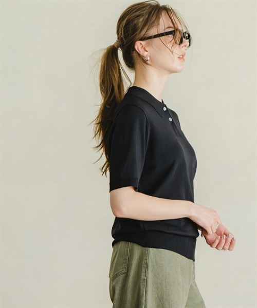 Maison INNESS（メゾンアイネス）の「【アイスクリーンプレミアム】5分袖ポロ衿ニット（持続冷感・毛玉なりにくい ・UVカット・洗濯機で洗える・遮熱）（ニット/セーター・レディース・ブラック/キャメル/杢グレー・L/S/3L/M/4L/5L/LL）」の17枚目の写真