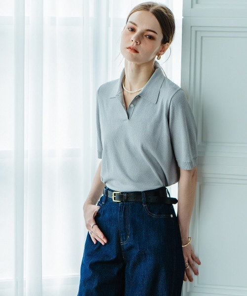 Maison INNESS（メゾンアイネス）の「【アイスクリーンプレミアム】5分袖ポロ衿ニット（持続冷感・毛玉なりにくい ・UVカット・洗濯機で洗える・遮熱）（ニット/セーター・レディース・ブラック/キャメル/杢グレー・L/S/3L/M/4L/5L/LL）」の21枚目の写真