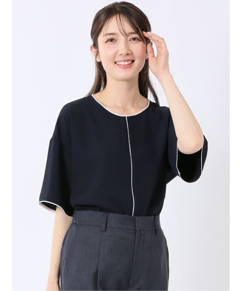 m.f.editorial（エムエフエディトリアル）の「【Tブラウス ストレッチ ウォッシャブル】m.f.エディトリアル レディース 配色 パイピング 半袖 プルオーバー ブラウス（シャツ/ブラウス・レディース・ベージュ/ネイビー/アイボリー/ピンク系その他・MEDIUM/LARGE）」の3枚目の写真