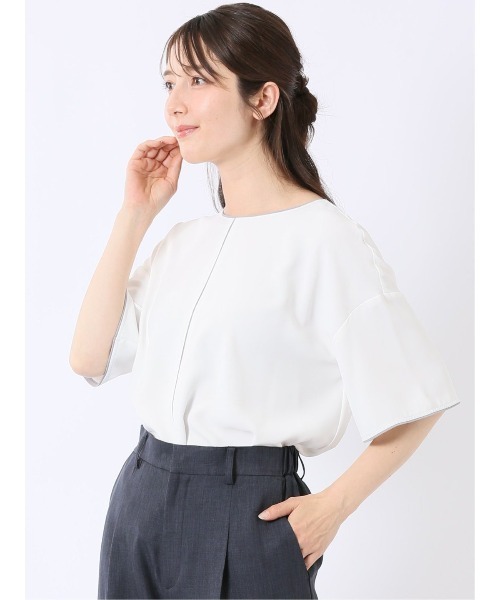 m.f.editorial（エムエフエディトリアル）の「【Tブラウス ストレッチ ウォッシャブル】m.f.エディトリアル レディース 配色 パイピング 半袖 プルオーバー ブラウス（シャツ/ブラウス・レディース・ベージュ/ネイビー/アイボリー/ピンク系その他・MEDIUM/LARGE）」の2枚目の写真
