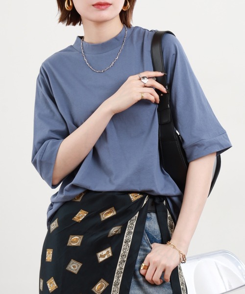 FUNALIVE(ファンアライブ)の「エンザイム加工ハイネック5分袖プルオーバー(Tシャツ/カットソー・レディース・ネイビー/ブラック/ライトグリーン/ローズ/グレイッシュブルー/アイボリー・M-L)」の1枚目の写真