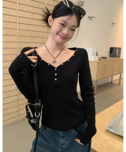 inst.ALL(インストール)の「スタースタッズワイドヘンリー風トップス(Tシャツ/カットソー・レディース・ブラック・M)」の7枚目の写真