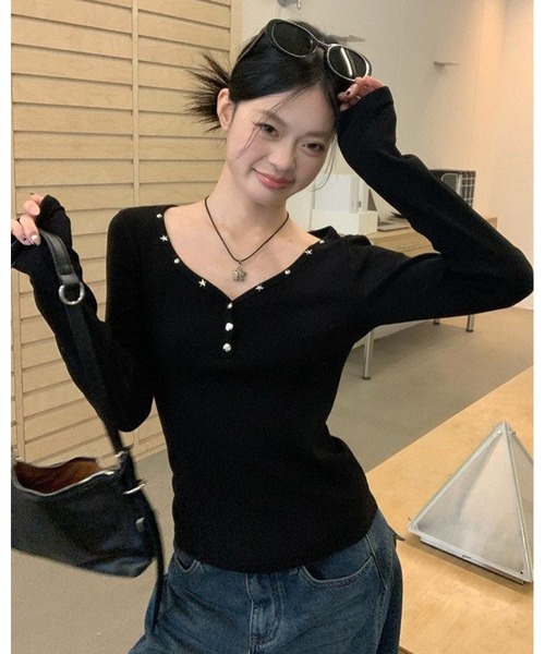 inst.ALL(インストール)の「スタースタッズワイドヘンリー風トップス(Tシャツ/カットソー・レディース・ブラック・M)」の8枚目の写真