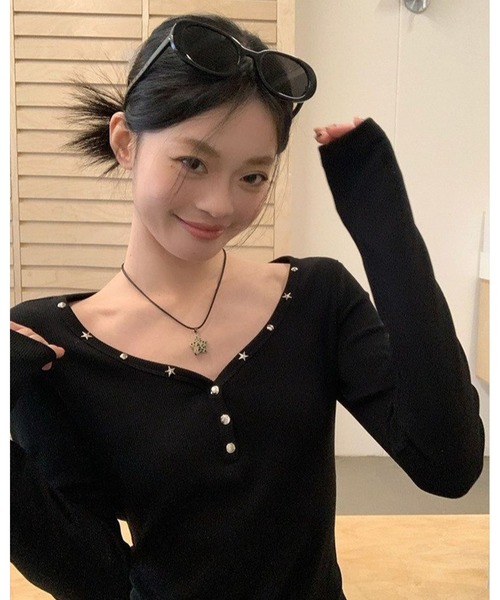 inst.ALL(インストール)の「スタースタッズワイドヘンリー風トップス(Tシャツ/カットソー・レディース・ブラック・M)」の11枚目の写真