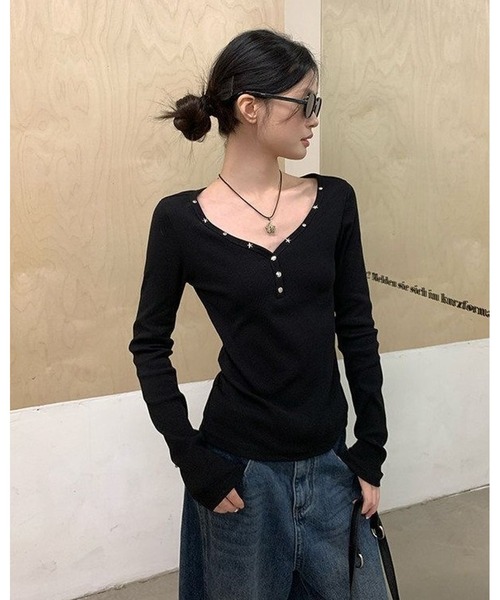 inst.ALL(インストール)の「スタースタッズワイドヘンリー風トップス(Tシャツ/カットソー・レディース・ブラック・M)」の19枚目の写真