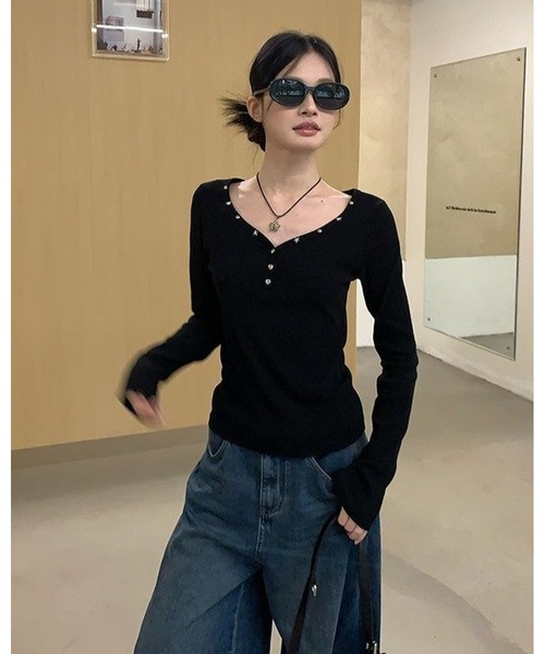inst.ALL(インストール)の「スタースタッズワイドヘンリー風トップス(Tシャツ/カットソー・レディース・ブラック・M)」の20枚目の写真