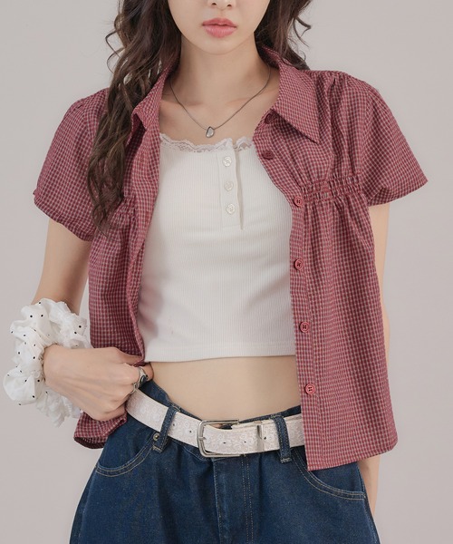 apres jour mignon(アプレジュールミニョン)の「シャーリングシャツ(シャツ/ブラウス・レディース・ブルー/ブラウン系その他/アイボリー/ピンク/レッド・LARGE/フリー)」の15枚目の写真