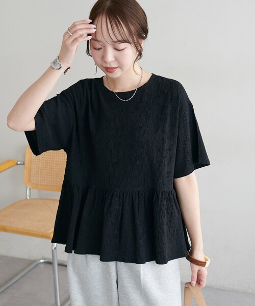 DISCOAT（ディスコート）の「【WEB限定】ジャガードチュニックTシャツ（Tシャツ/カットソー・レディース・ベージュ/サックスブルー/ブラック/オフホワイト・MEDIUM）」の5枚目の写真
