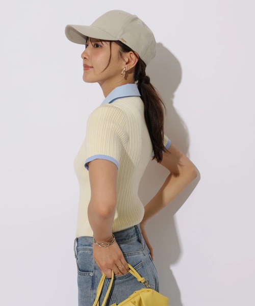 JUSGLITTY（ジャスグリッティー）の「半袖シャツカラーニット（ニット/セーター・レディース・ライトイエロー/グレイッシュベージュ/ネイビー/キャメル・2）」の22枚目の写真