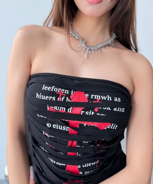 Y2K SYNAPSE FACTORY（ワイツーケー シナプスファクトリー）の「【slashcat】プリントチューブトップ（Tシャツ/カットソー・レディース・ホワイト/ブラック・FREE）」の6枚目の写真