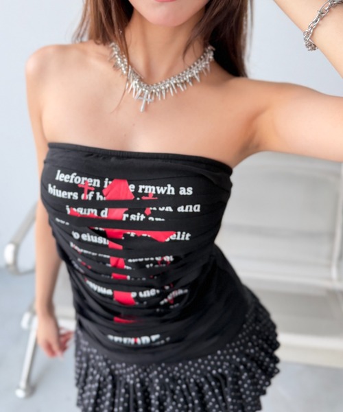 Y2K SYNAPSE FACTORY（ワイツーケー シナプスファクトリー）の「【slashcat】プリントチューブトップ（Tシャツ/カットソー・レディース・ホワイト/ブラック・FREE）」の3枚目の写真
