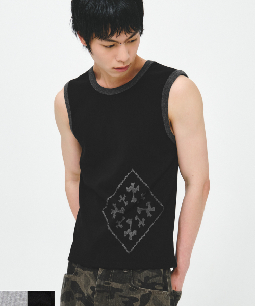 INTEMPOMOOD(インテンポムード)の「バンガードマークスリーブレス:2カラー(Tシャツ/カットソー・メンズ・グレー/ブラック・MEDIUM/LARGE)」の3枚目の写真