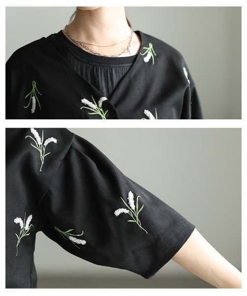 Sawa a la mode(サワアラモード)の「花柄刺繍ノーカラーシャツジャケット(ノーカラージャケット・レディース・ブラック・FREE)」の5枚目の写真