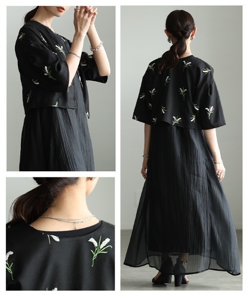 Sawa a la mode(サワアラモード)の「花柄刺繍ノーカラーシャツジャケット(ノーカラージャケット・レディース・ブラック・FREE)」の17枚目の写真