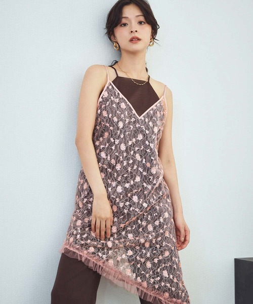 girl（ガール）の「《新色追加》花柄レース シアー キャミソール レイヤード ドレス 結婚式 ワンピース パーティードレス オケージョンドレス お呼ばれ 二次会 成人式 同窓会 謝恩会《着用動画あり》（ドレス・レディース・ピンク/イエロー/アイボリー/ブラック/シルバー・L/M）」の14枚目の写真